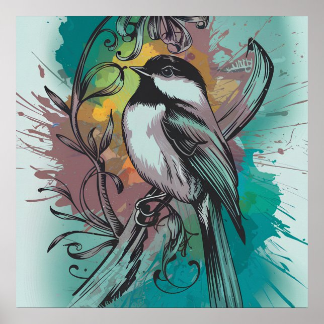 Vintage Chickadee Serenade - Aquamarin Poster (Vorne)