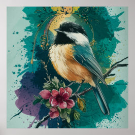 Vintage Chickadee Splendor - Aquamarin Poster