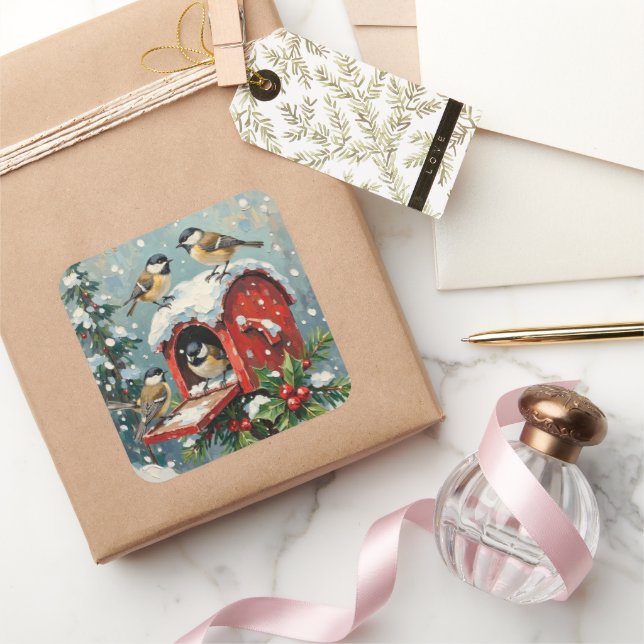 Vintage Chickadees on Snowy Christmas Mailbox Quadratischer Aufkleber (Schenken)