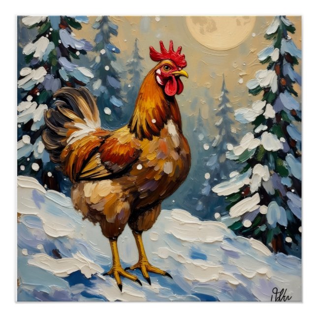 Vintage Chicken in Snowy Christmas Wonderland Poster (Vorderseite)