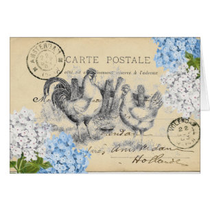 Vintage Chickens Blue Flower Postcard