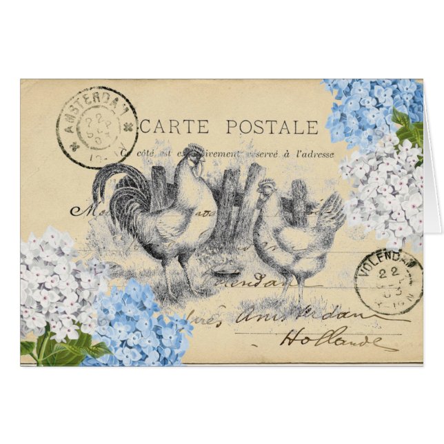 Vintage Chickens Blue Flower Postcard (Vorderseite (Horizontal))