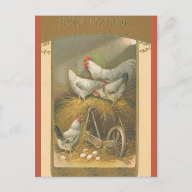 Vintage Chickens on Hay Easter Postkarte (Vorderseite)