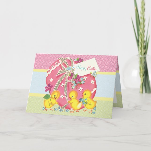 Vintage Chicks und rosa Ostereier Feiertagskarte (Vorderseite)