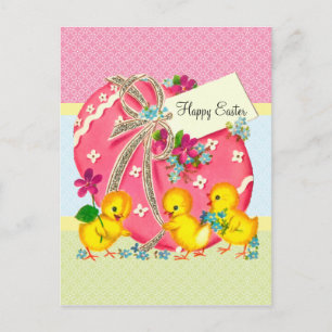 Vintage Chicks und rosa Ostereier Feiertagspostkarte