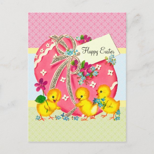 Vintage Chicks und rosa Ostereier Feiertagspostkarte (Vorderseite)