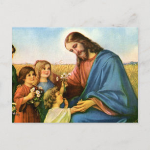 Vintage Children Bring Flowers to Jesus Christ Postkarte