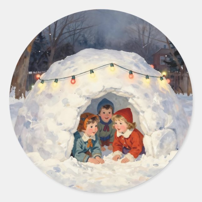 Vintage Children in Snow Fort Runder Aufkleber (Vorderseite)
