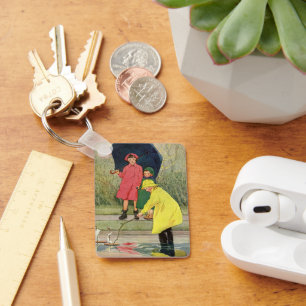 Vintage Children Playing Puddles Toy Boats Rain Schlüsselanhänger