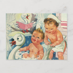 Vintage Children Playing w Bubbles in Swan Bathtub Postkarte