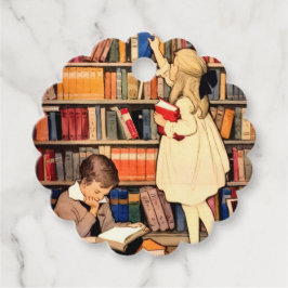 Vintage Children Reading Library Books Geschenkanhänger