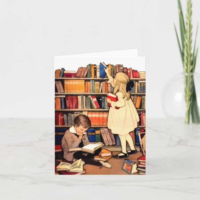Vintage Children Reading Library Books Note Card (Vorderseite)