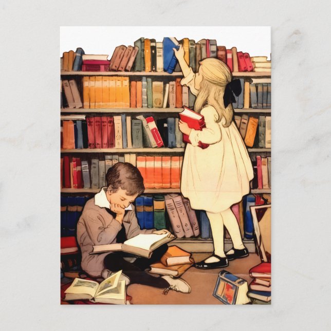 Vintage Children Reading Library Books PostCard Postkarte (Vorderseite)