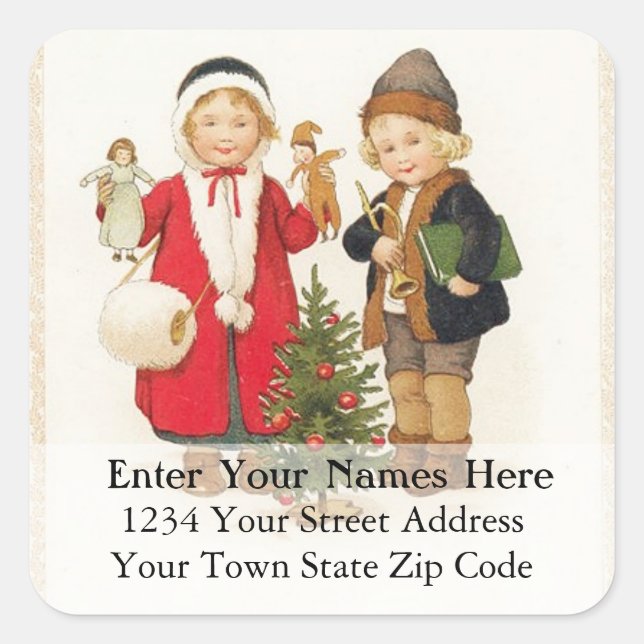 Vintage Children With Toys Quadratischer Aufkleber (Vorderseite)