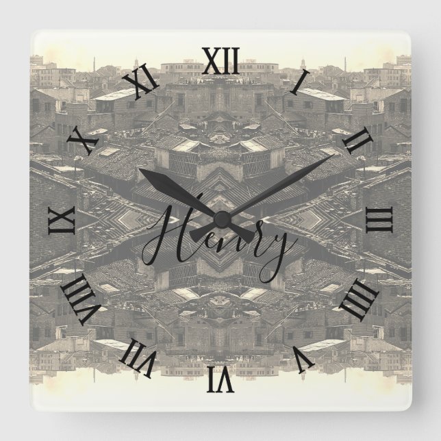 Vintage China Canton city Quadratische Wanduhr (Vorderseite)