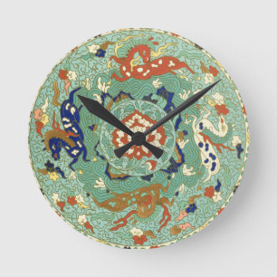 Vintage Chinese Blue Green Art Design Nature Runde Wanduhr