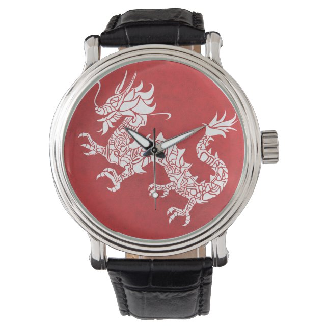 Vintage Chinese Dragon Tribal Emblem Red Armbanduhr (Vorderseite)