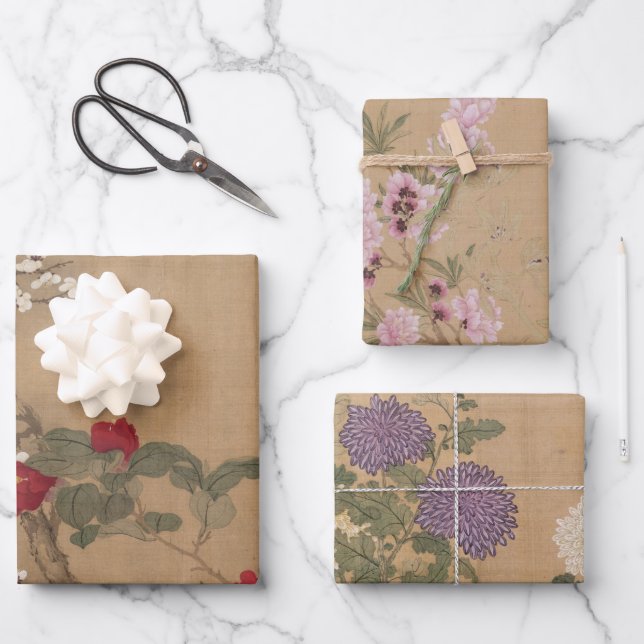 Vintage chinesische Blumenkunst Geschenkpapier Set (Vorderseite)