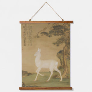 Vintage chinesische kaiserliche Kunst Weiße Hirsch Wandteppich Mit Holzrahmen
