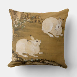 Vintage chinesische Kunst Zwei weiße Kaninchen Mal Kissen