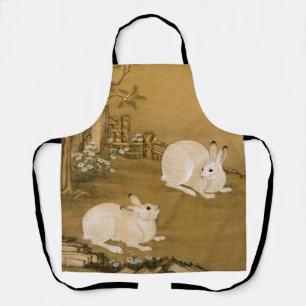 Vintage chinesische Kunst Zwei weiße Kaninchen Mal Schürze