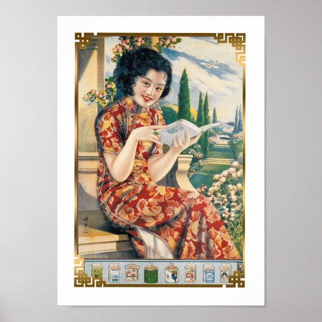Vintage chinesische Werbefrau mit Buch Poster (Vorne)