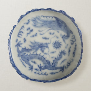 Vintage chinesischer Drache Monaco blau Chinoiseri Rundes Kissen