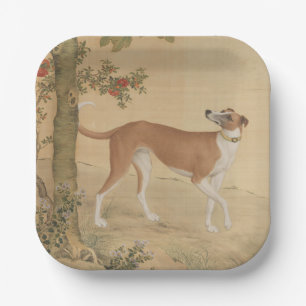 Vintage chinesischer Greyhound-Hund- und Vogelkuns Pappteller