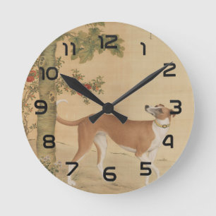 Vintage chinesischer Greyhound-Hund- und Vogelkuns Runde Wanduhr