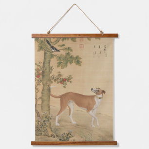 Vintage chinesischer Greyhound-Hund- und Vogelkuns Wandteppich Mit Holzrahmen