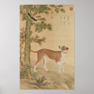 Vintage-Chinesischer Windhund Hund & Vogel Kunst Poster