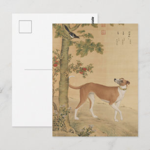 Vintage Chinesischer Windhund Hund & Vogel Kunst Postkarte