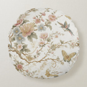 Vintage chinesisches Blumenmuster mit Kolibri Rundes Kissen
