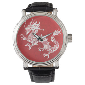 Vintage-Chinesisches-Drachen-Stammesemblem Rot Armbanduhr