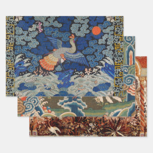 Vintage chinesisches Kranichmuster: Kaiserblau Geschenkpapier Set