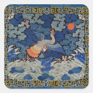 Vintage-chinesisches Kranichmuster: Kaiserblau Quadratischer Aufkleber