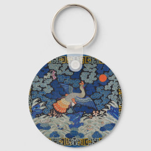 Vintage-chinesisches Kranichmuster: Kaiserblau Schlüsselanhänger