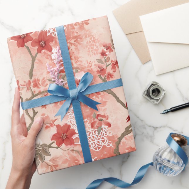 Vintage Chinoiserie Asiatisch Rosa Blume Geschenkpapier (Schenken)