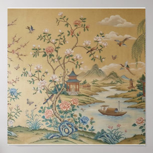 Vintage-Chinoiserie-Asienlandschaftsmalerei Poster