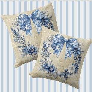 Vintage-Chinoiserie Blau-Weiß-Kranz-Schleife-Festt Kissen