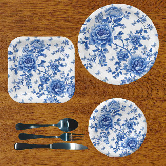 Vintage-Chinoiserie Blau Weiße Schmetterlingsrosen Pappteller