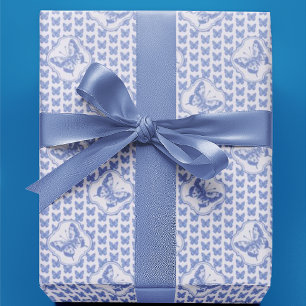 Vintage-Chinoiserie Blaue Schmetterlinge auf Weiß Geschenkpapier
