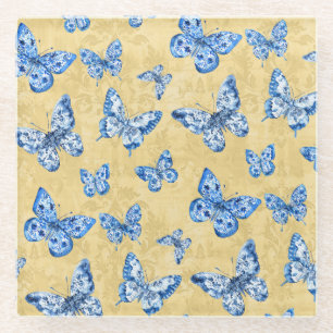 Vintage Chinoiserie Blaue Schmetterlinge verblasst Glasuntersetzer