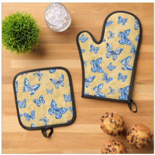 Vintage Chinoiserie Blaue Schmetterlinge verblasst Ofenhandschuh & Topflappen-Set