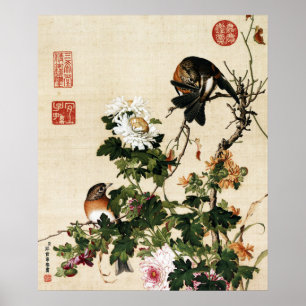 Vintage-Chinoiserie-Chrysanthemen- und Vogelkunst Poster