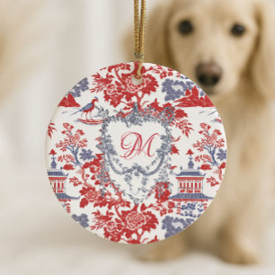 Vintage-Chinoiserie-Delfter Französisch rote blaue Keramik Ornament