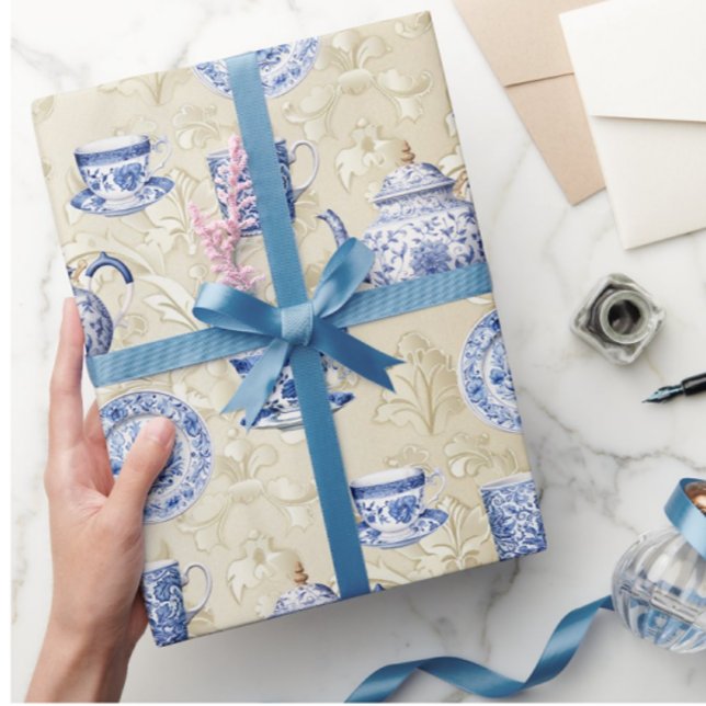 Vintage Chinoiserie Dishes Antique Damask Geschenkpapier (Vintage elegance!)