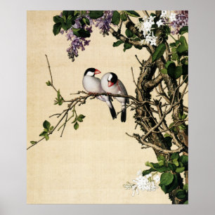 Vintage-Chinoiserie-Flieder-und-Vögel-Kunstdruck Poster