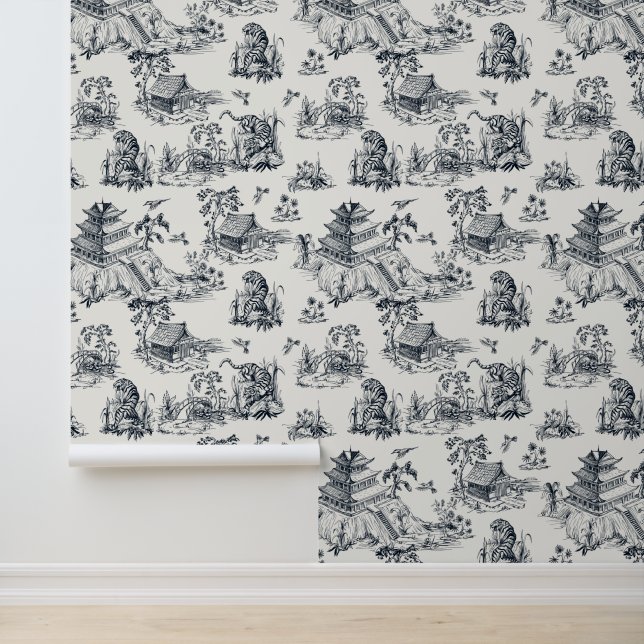 Vintage Chinoiserie Leopard Pagoda Creme & Black Tapete (Anwendung)