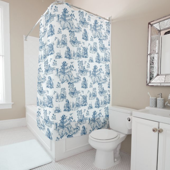Vintage-Chinoiserie-Leopard-Pagode Navy & Weiß Duschvorhang (Beispiel)